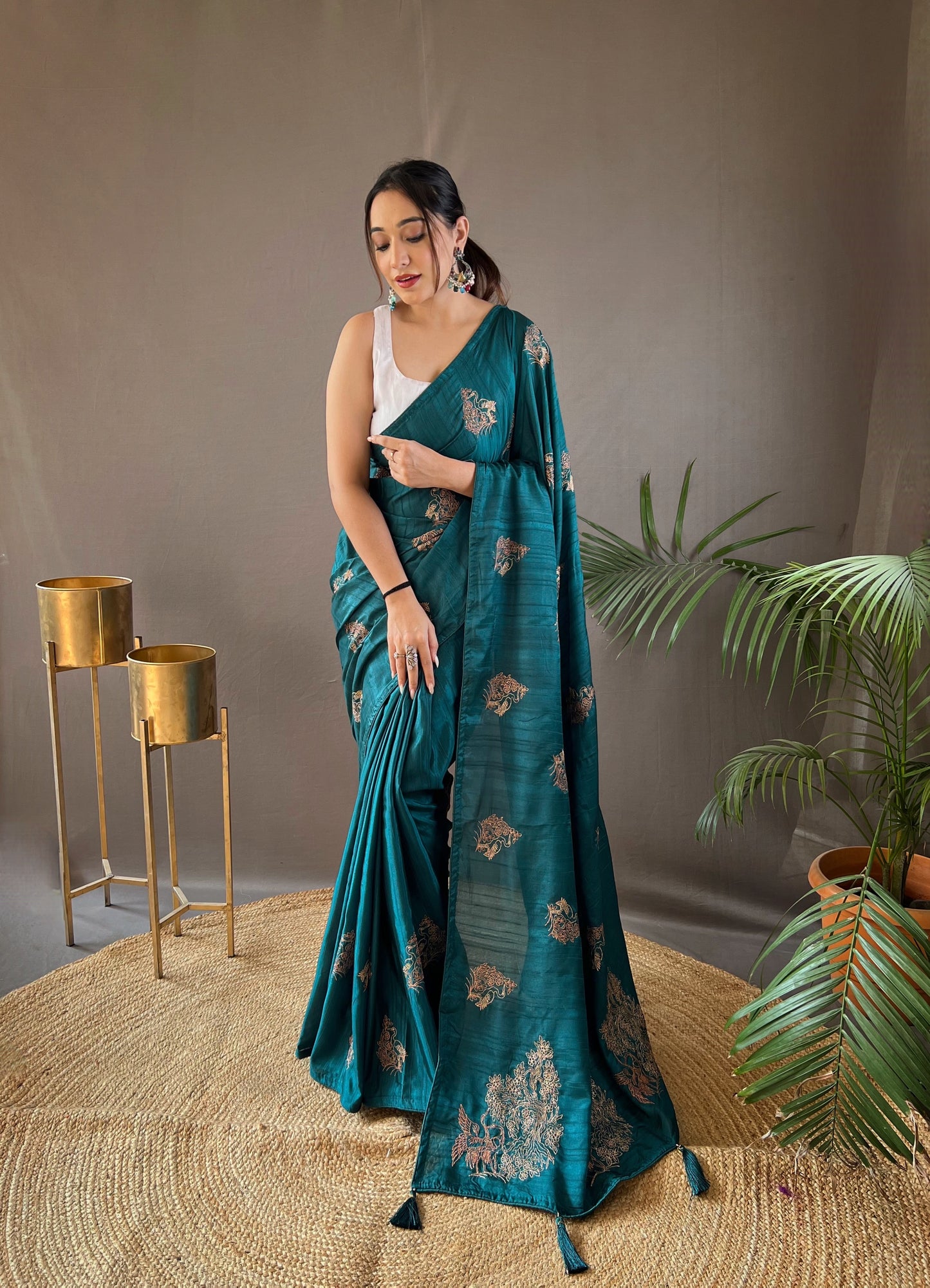 Rama Color Embroidered Soft Silk Saree