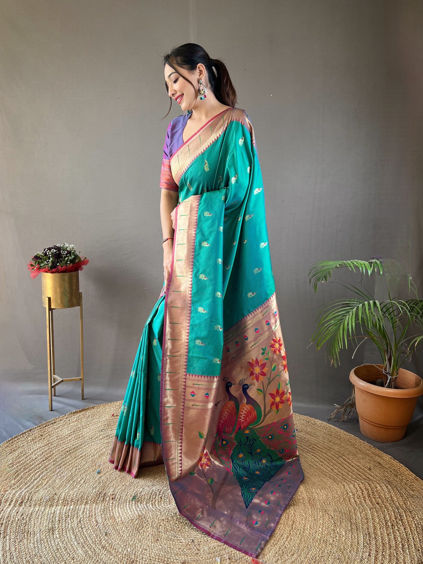 Rama Paithani Silk Zari Woven Saree