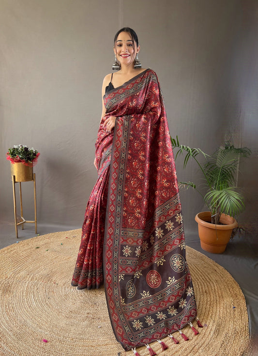 Red Digital Printed Silk Weaves Saree