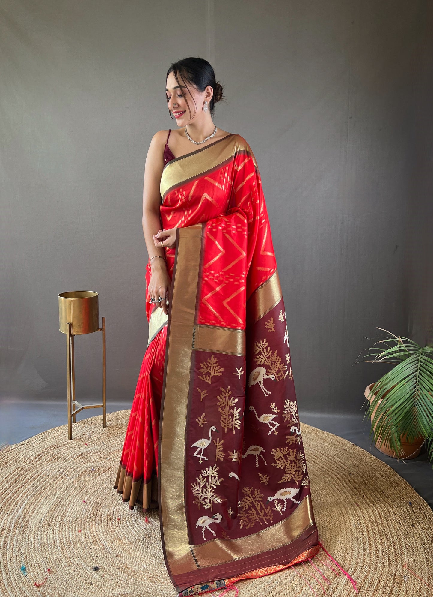 Red Zig Zag Viscose Zari Design Soft Banarasi Silk Saree