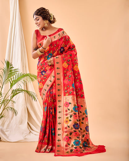 Red Kashmiri Pashmina Jaal Silk Woven Meenakari Work Saree