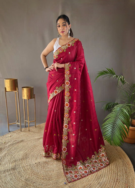 Red Pure Tussar Silk Embroidery Work Saree