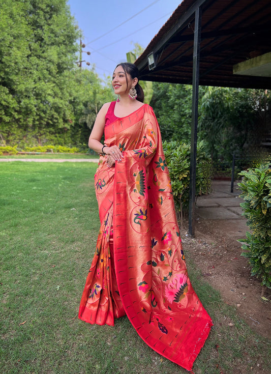 RED PURE PAITHANI WITH ALL OVER ZARI AND MEENAKARI WEAVES SAREE