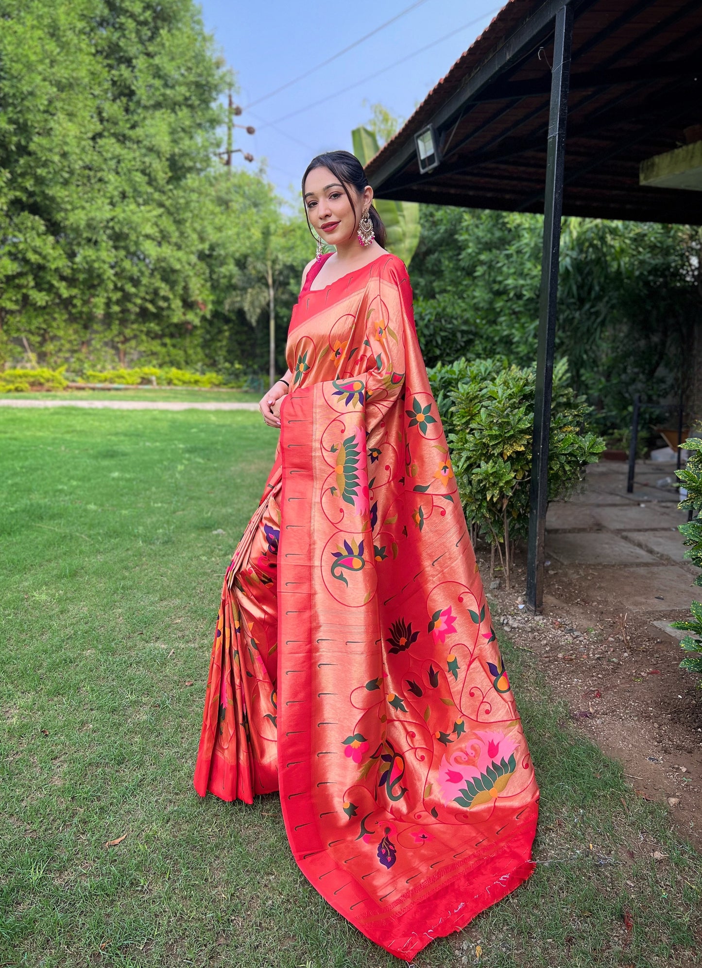 RED PURE PAITHANI WITH ALL OVER ZARI AND MEENAKARI WEAVES SAREE