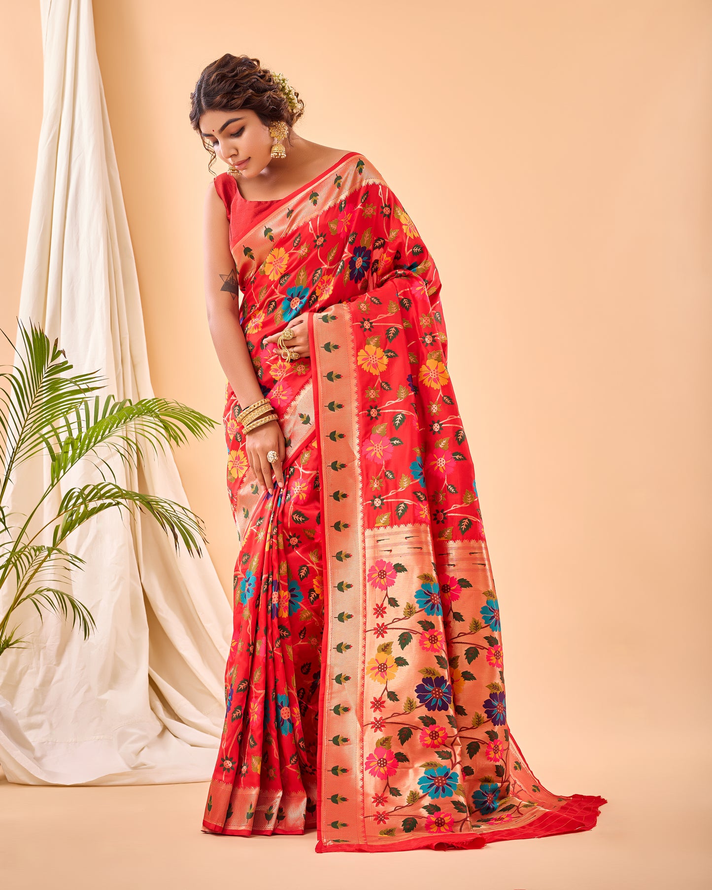 Red Kashmiri Pashmina Jaal Silk Woven Meenakari Work Saree