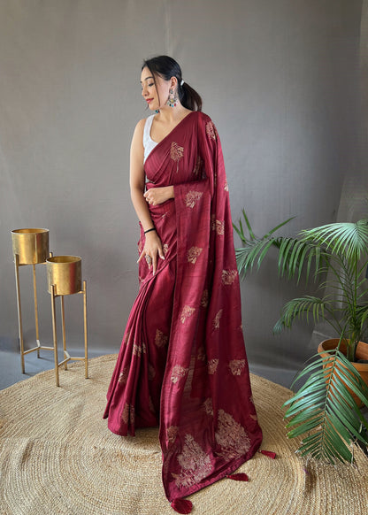 Red Color Embroidered Soft Silk Saree