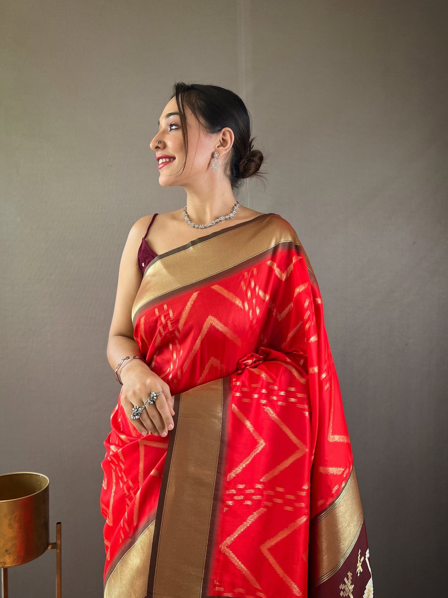 Red Zig Zag Viscose Zari Design Soft Banarasi Silk Saree