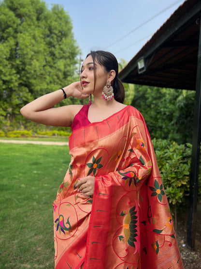 RED PURE PAITHANI WITH ALL OVER ZARI AND MEENAKARI WEAVES SAREE