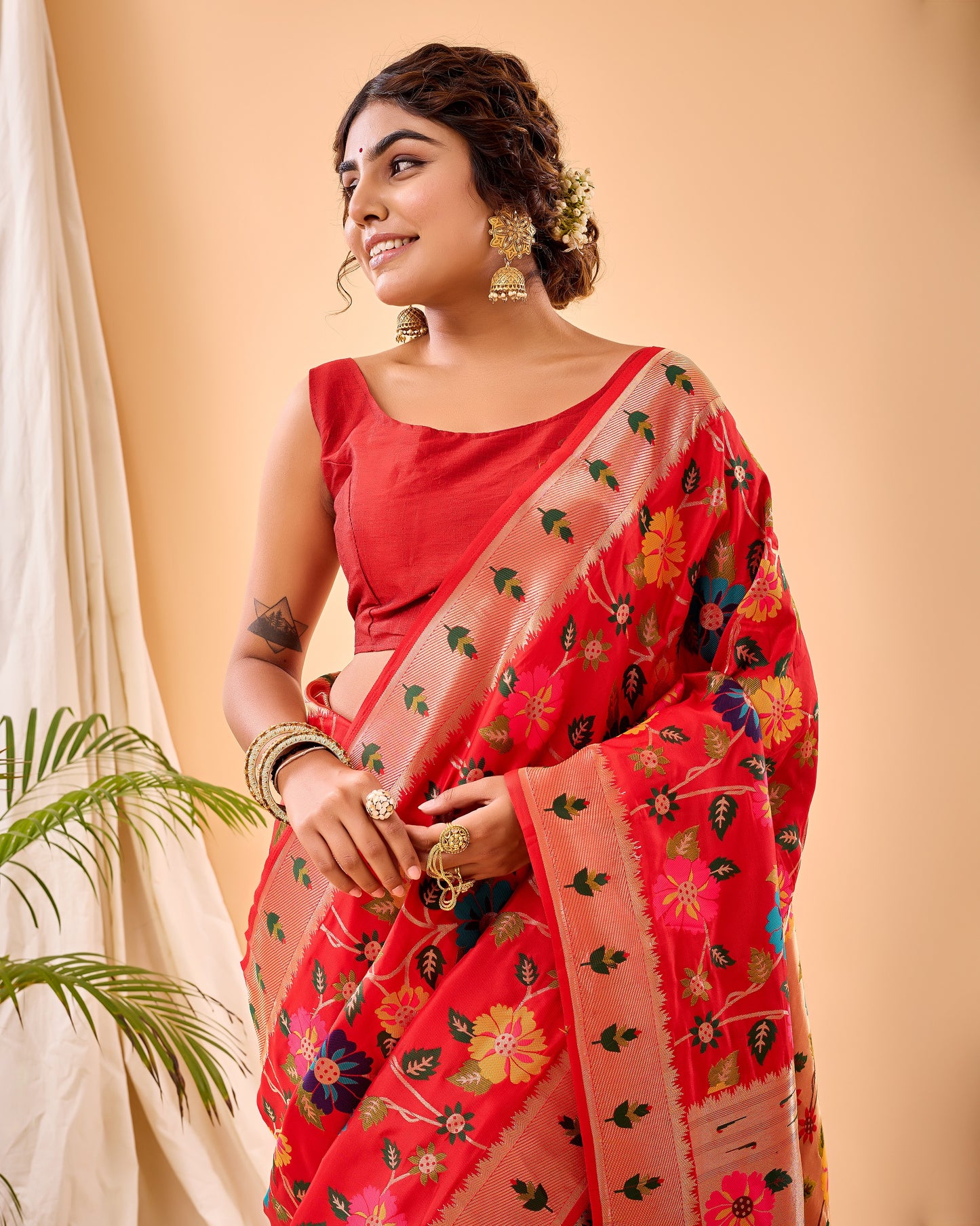 Red Kashmiri Pashmina Jaal Silk Woven Meenakari Work Saree