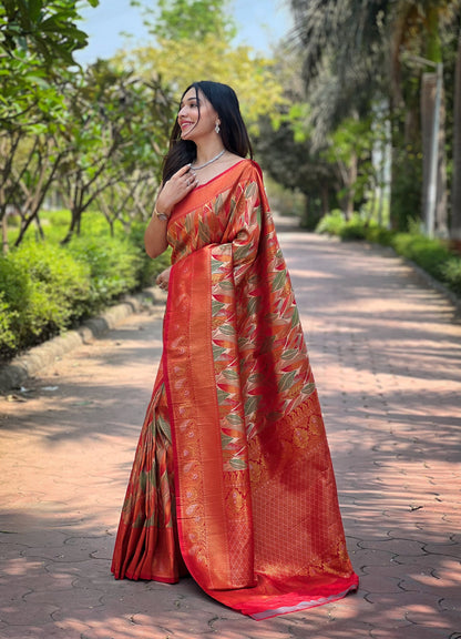 Red Kanjivaram Silk Saree With Intricate Blouse Piece