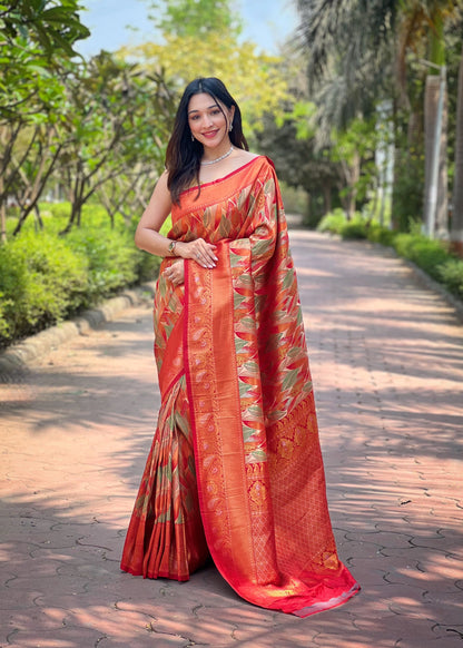 Red Kanjivaram Silk Saree With Intricate Blouse Piece