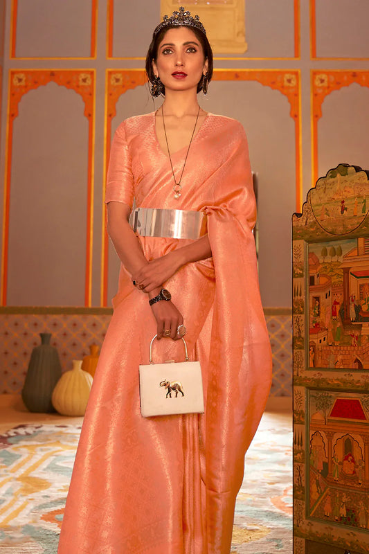 Melon Orange Golden Zari Shine Soft Kanjivaram Silk Wedding Saree
