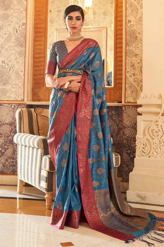 Cadet Blue Tessar Silk Weaving Saree
