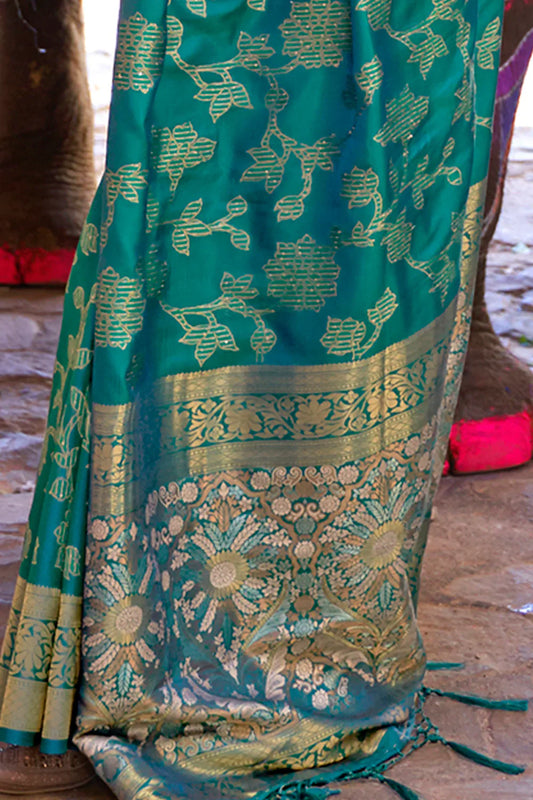 Teal Green  Soft Silk Saree In Handloom Weaving With Sequins