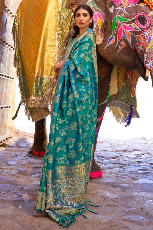 Teal Green  Soft Silk Saree In Handloom Weaving With Sequins