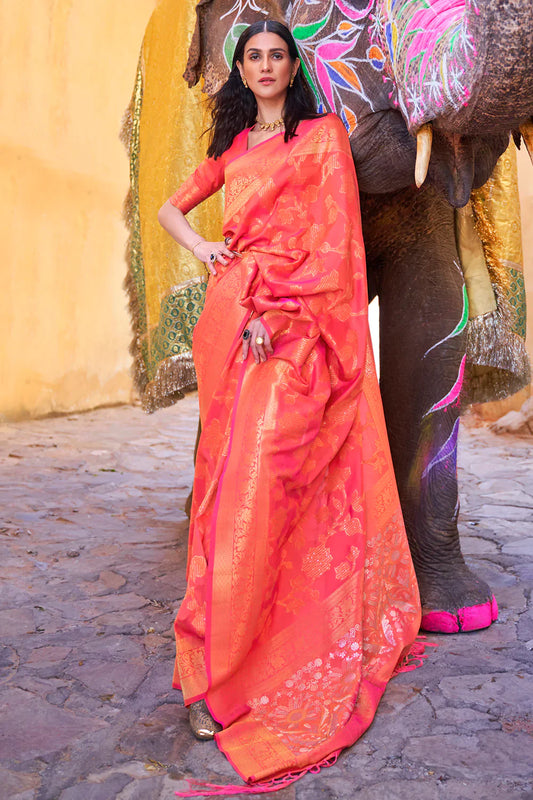 Tart Orange  Soft Silk Saree In Handloom Weaving With Sequins