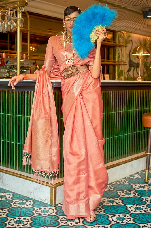 Melon Orange Handloom Weaving Organza Saree