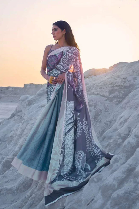 Bluish And Greyish Multy Design Pure Sattin Crepe Saree And Digital Print Blouse