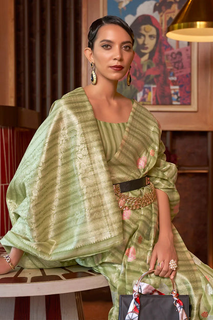 Mint Color Multi Linen Handloom Weaving Saree