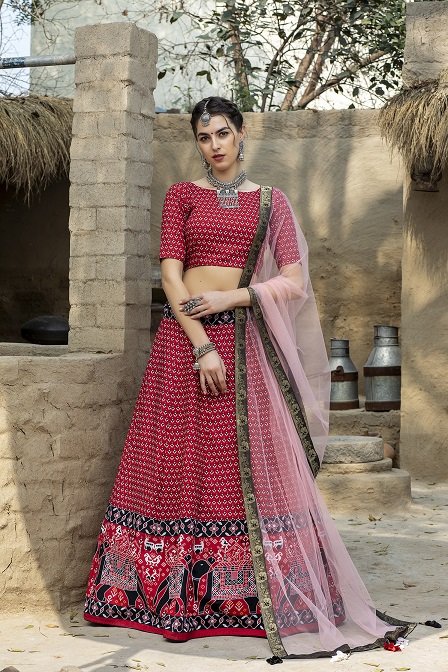 Red Color Printed Art Silk Lehenga Choli With Dupatta