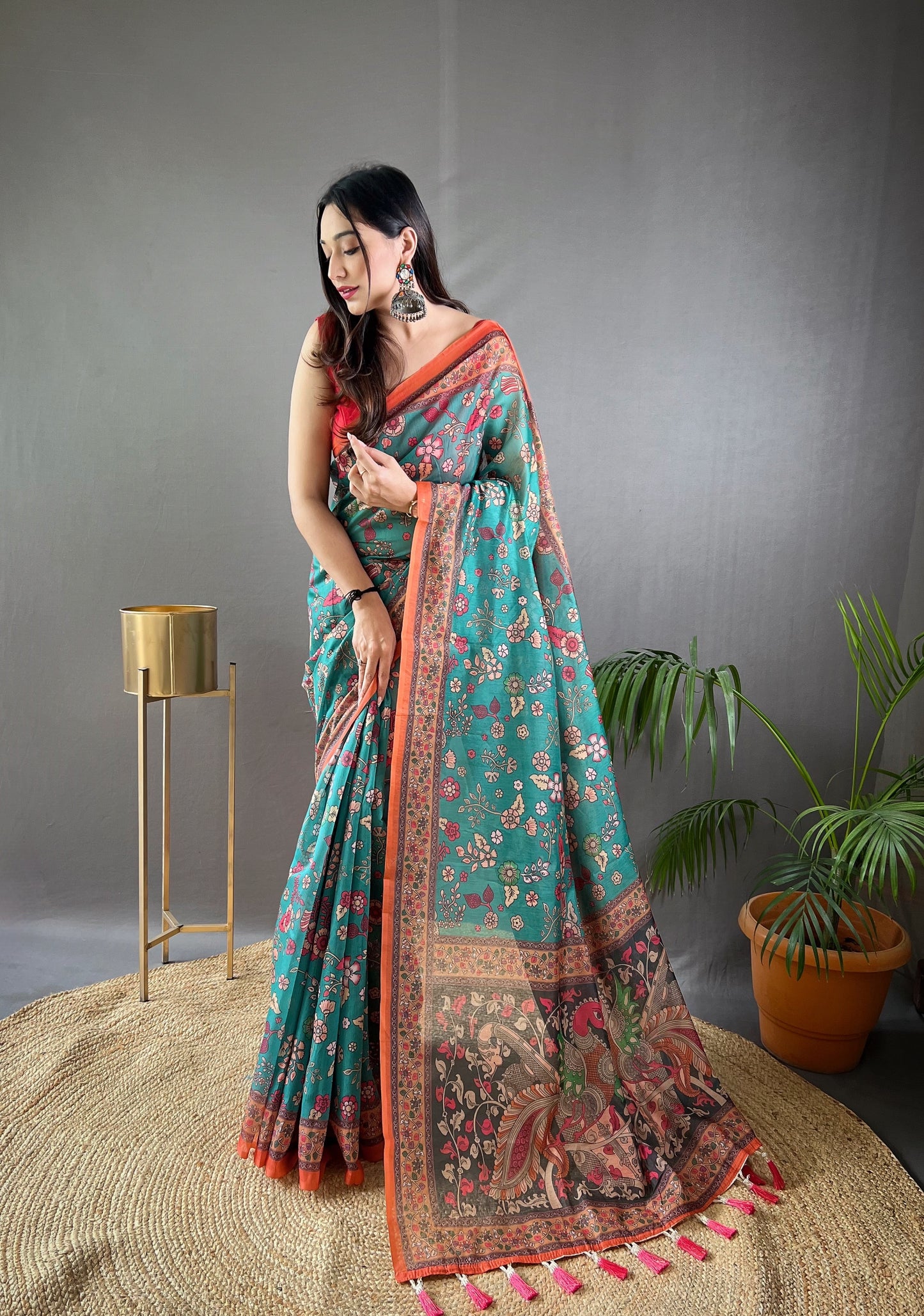 Rama Pure Malai Cotton Women Floral Print with Contrast Border Saree