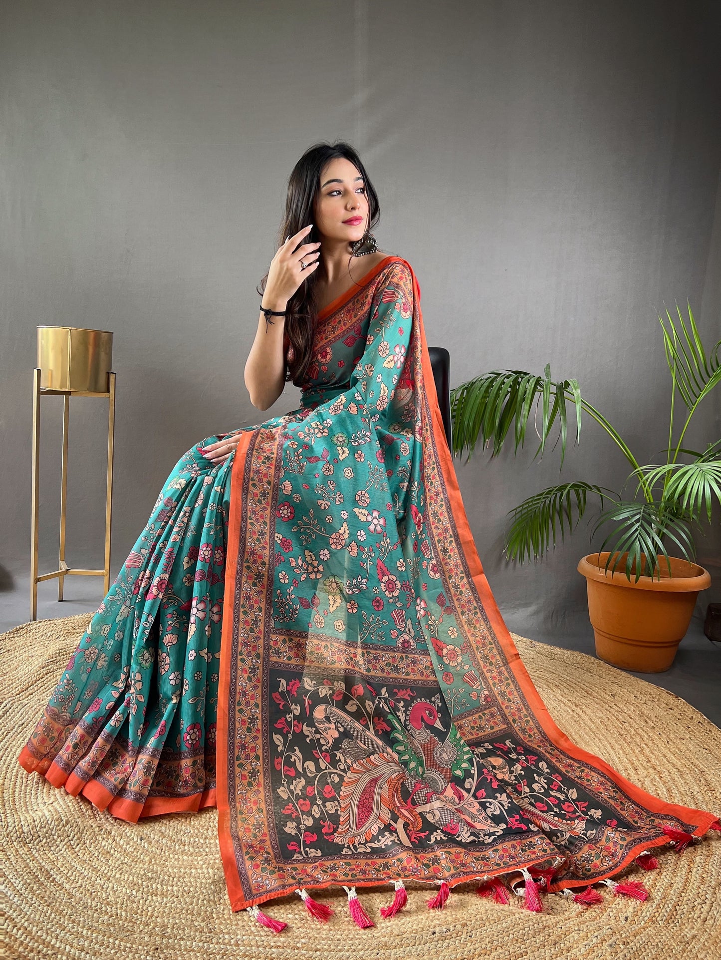 Rama Pure Malai Cotton Women Floral Print with Contrast Border Saree