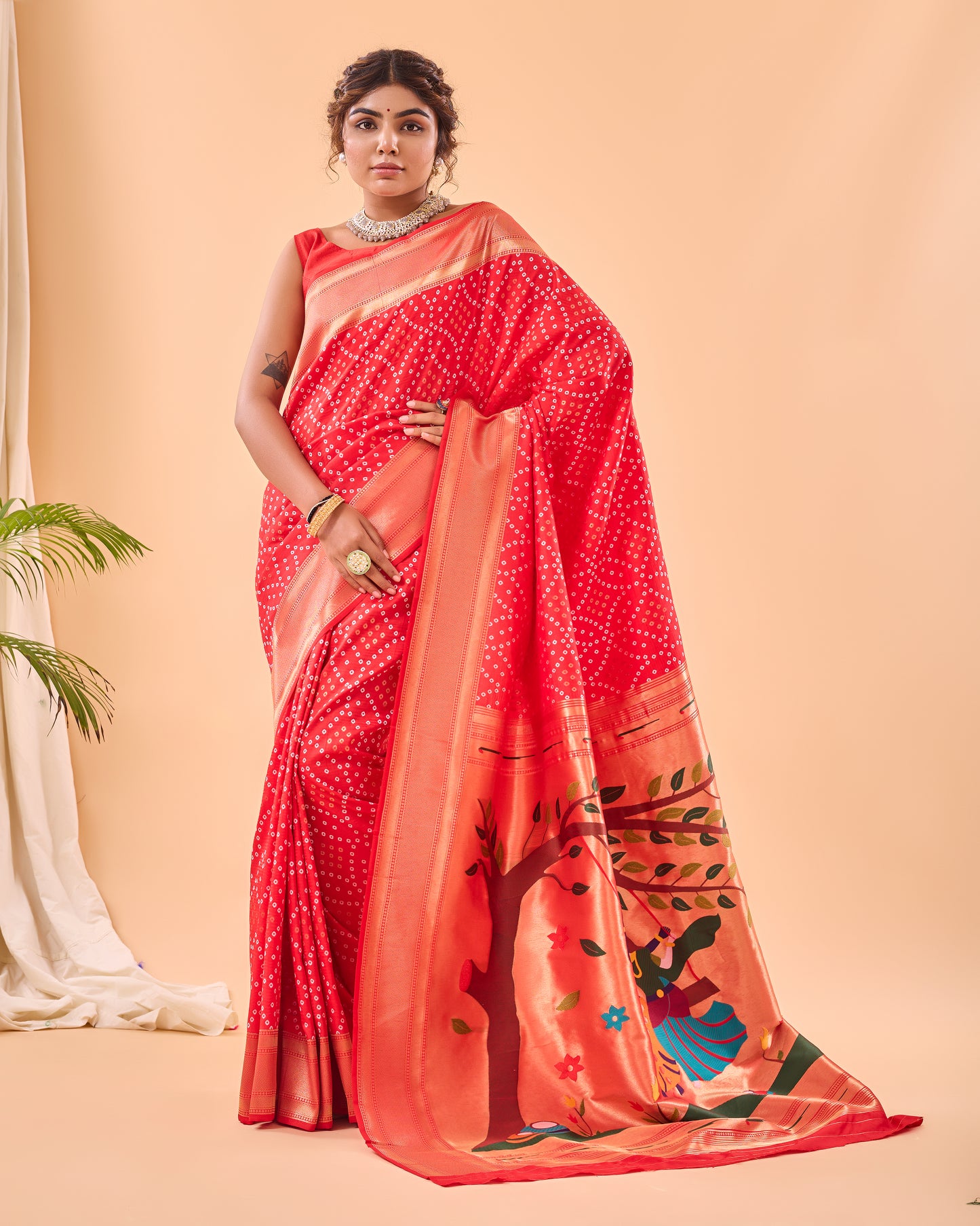 Red Bandhej Original Paithani Silk Woven Saree