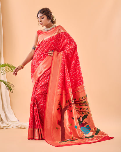 Red Bandhej Original Paithani Silk Woven Saree