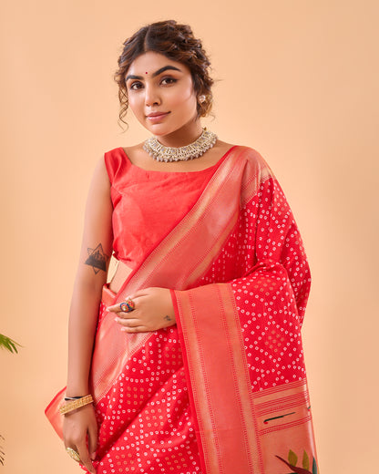 Red Bandhej Original Paithani Silk Woven Saree