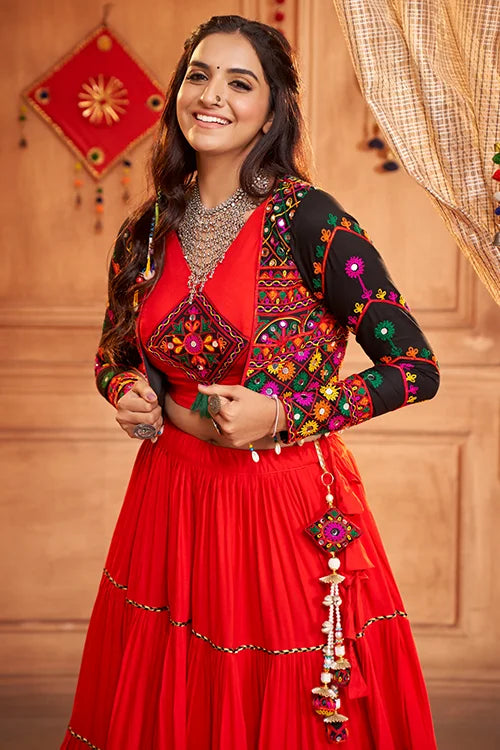 Red Contrast With Black Koti Style Latest Designer Chaniya Choli For Navratri