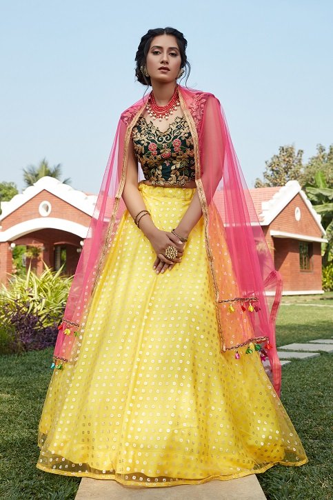 Yellow Green Color Lehenga Choli with Contrast Pink Dupatta