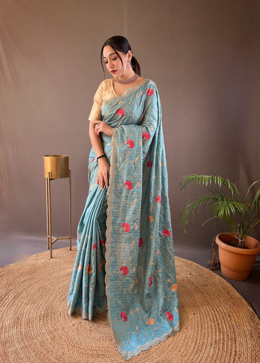 Sky Color Tussar Silk Saree with Floral Embroidery Jaal Work Saree