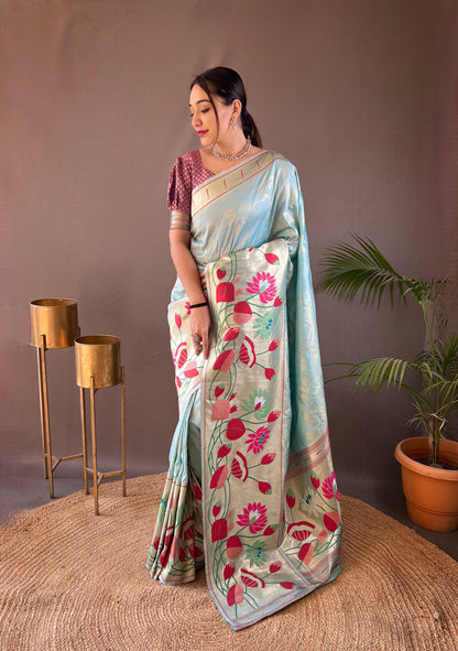 Sky Pure Soft Paithani Silk Saree