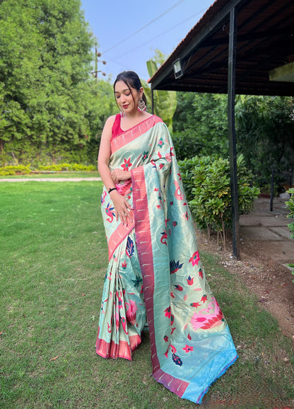 SKY BLUE PURE PAITHANI WITH ALL OVER ZARI AND MEENAKARI WEAVES SAREE