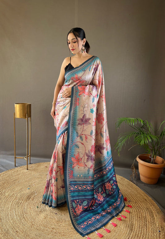 Sky Printed Digital Kalamkari Saree