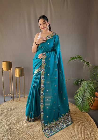 Sky Pure Tussar Silk Embroidery Work Saree