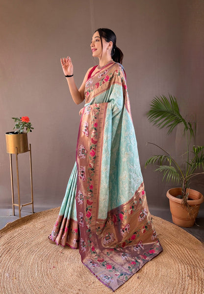 Sky Blue Colour Paithani Silk Saree