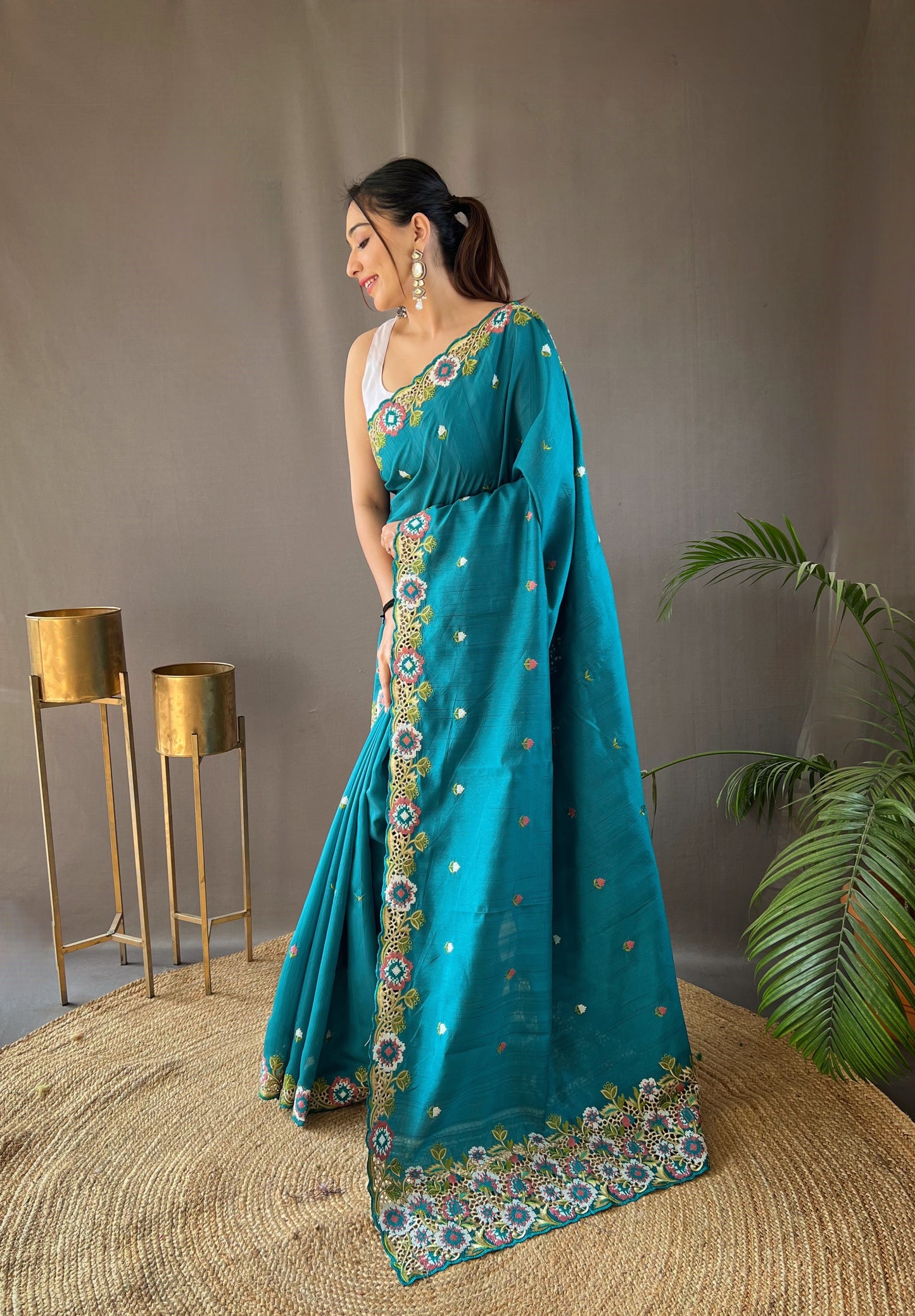 Sky Pure Tussar Silk Embroidery Work Saree