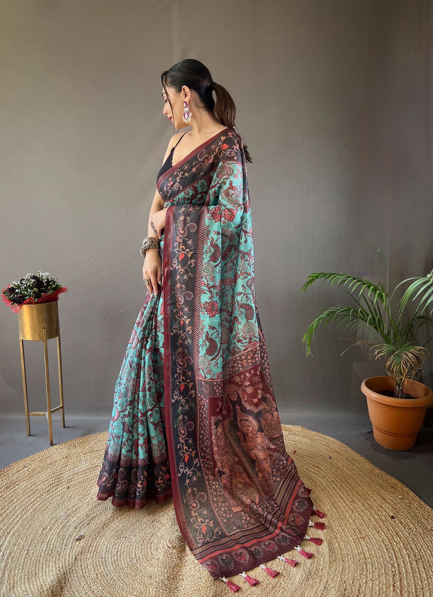 Sky Italian Digital Print Cotton Weaves Saree