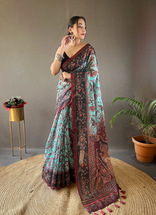 Sky Italian Digital Print Cotton Weaves Saree