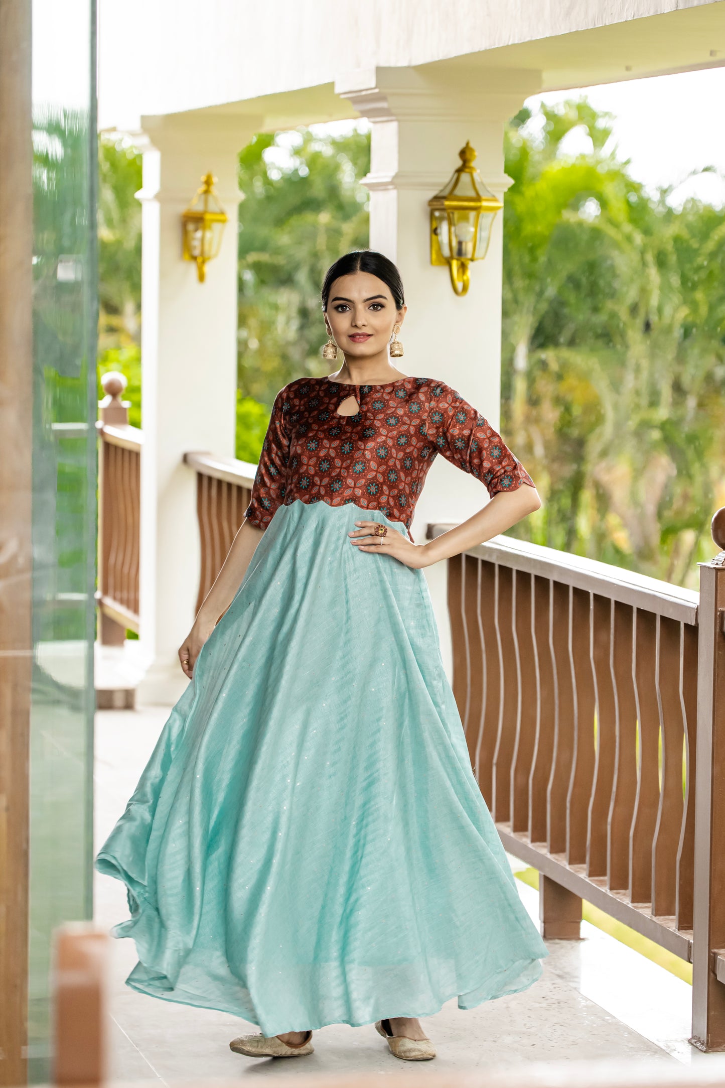 Sky Tussar Satin Butti Modern And Ethnic Boat Neck Gown