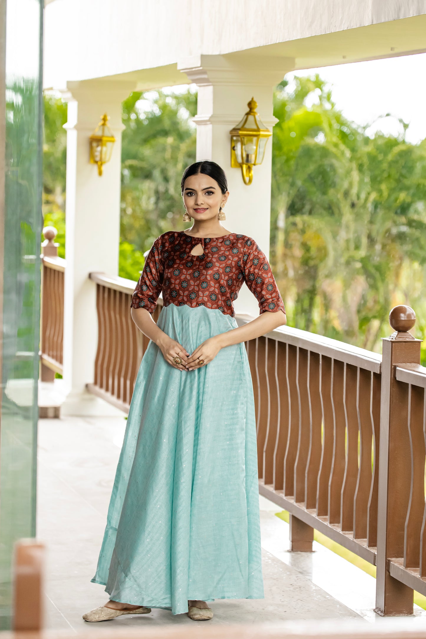 Sky Tussar Satin Butti Modern And Ethnic Boat Neck Gown