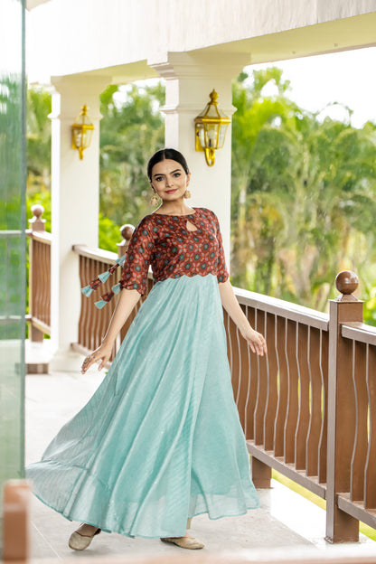 Sky Tussar Satin Butti Modern And Ethnic Boat Neck Gown