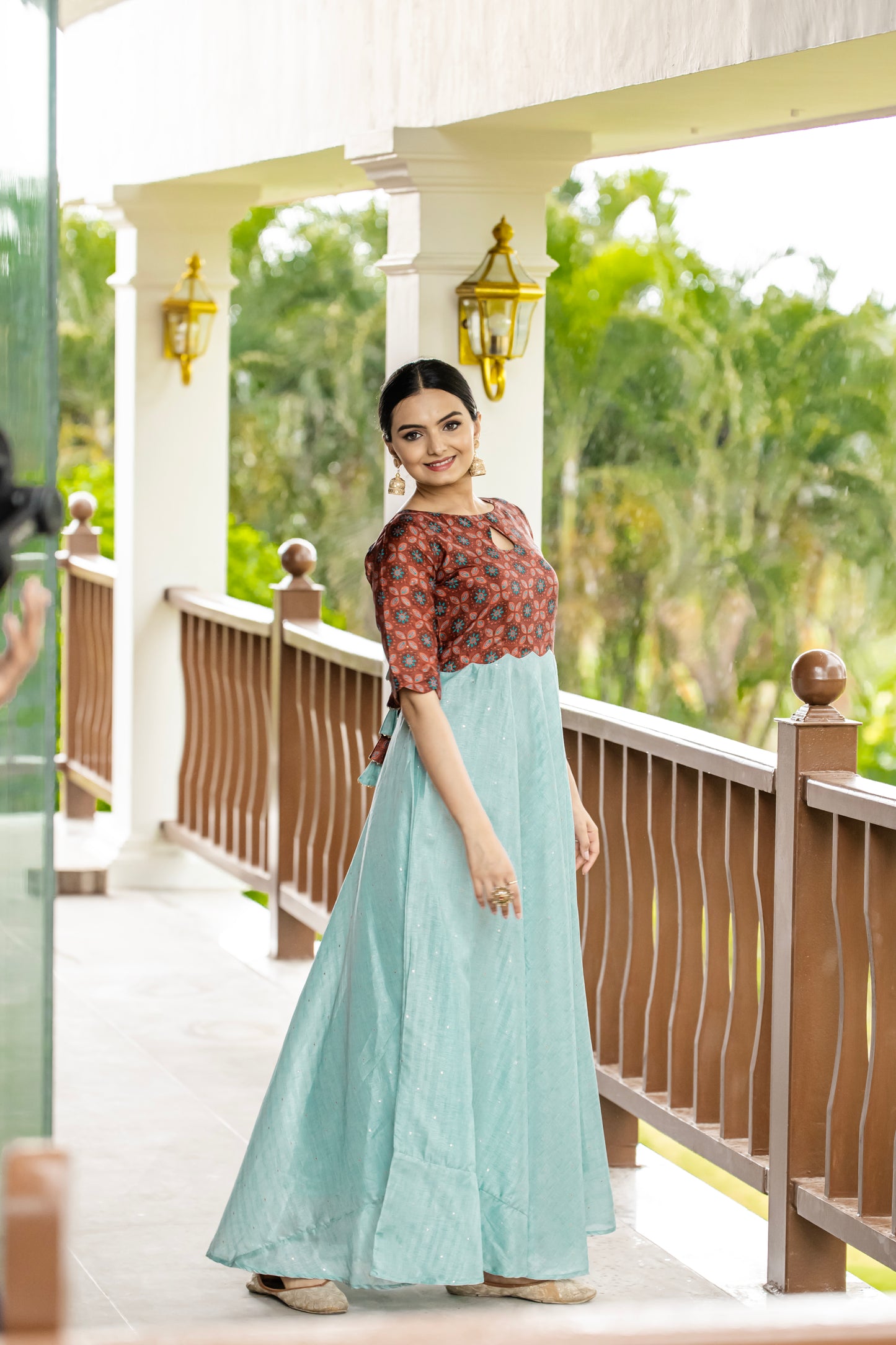 Sky Tussar Satin Butti Modern And Ethnic Boat Neck Gown