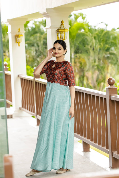 Sky Tussar Satin Butti Modern And Ethnic Boat Neck Gown