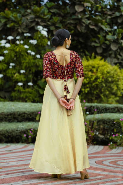 Yellow Tussar Satin Butti Modern And Ethnic Boat Neck Gown