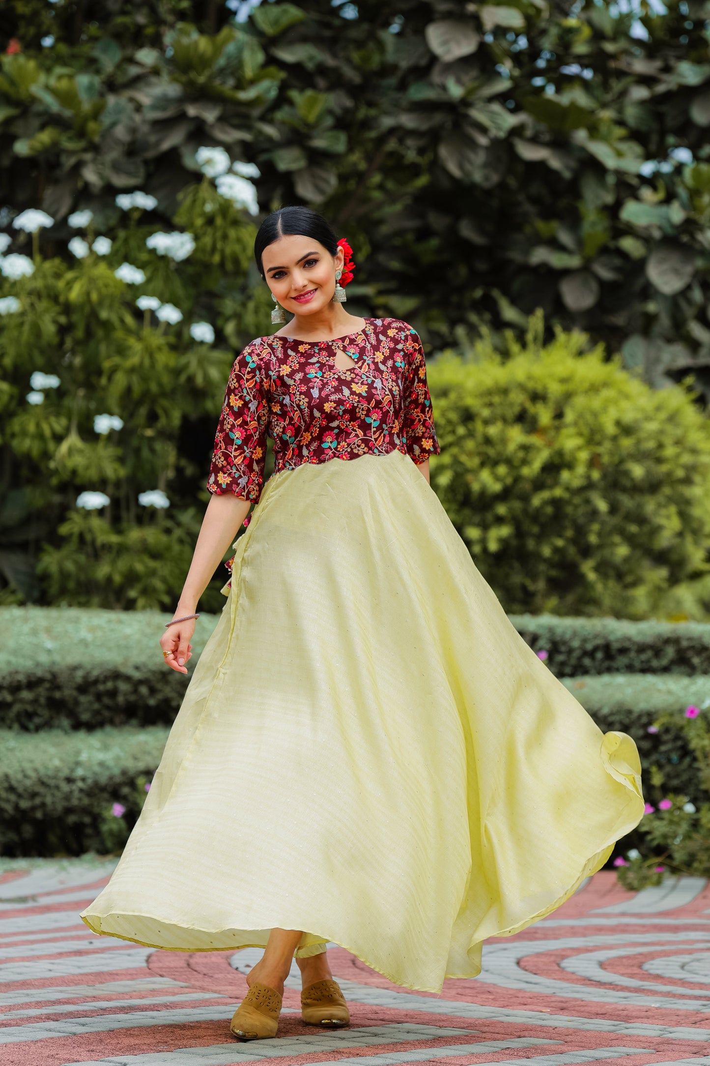 Yellow Tussar Satin Butti Modern And Ethnic Boat Neck Gown