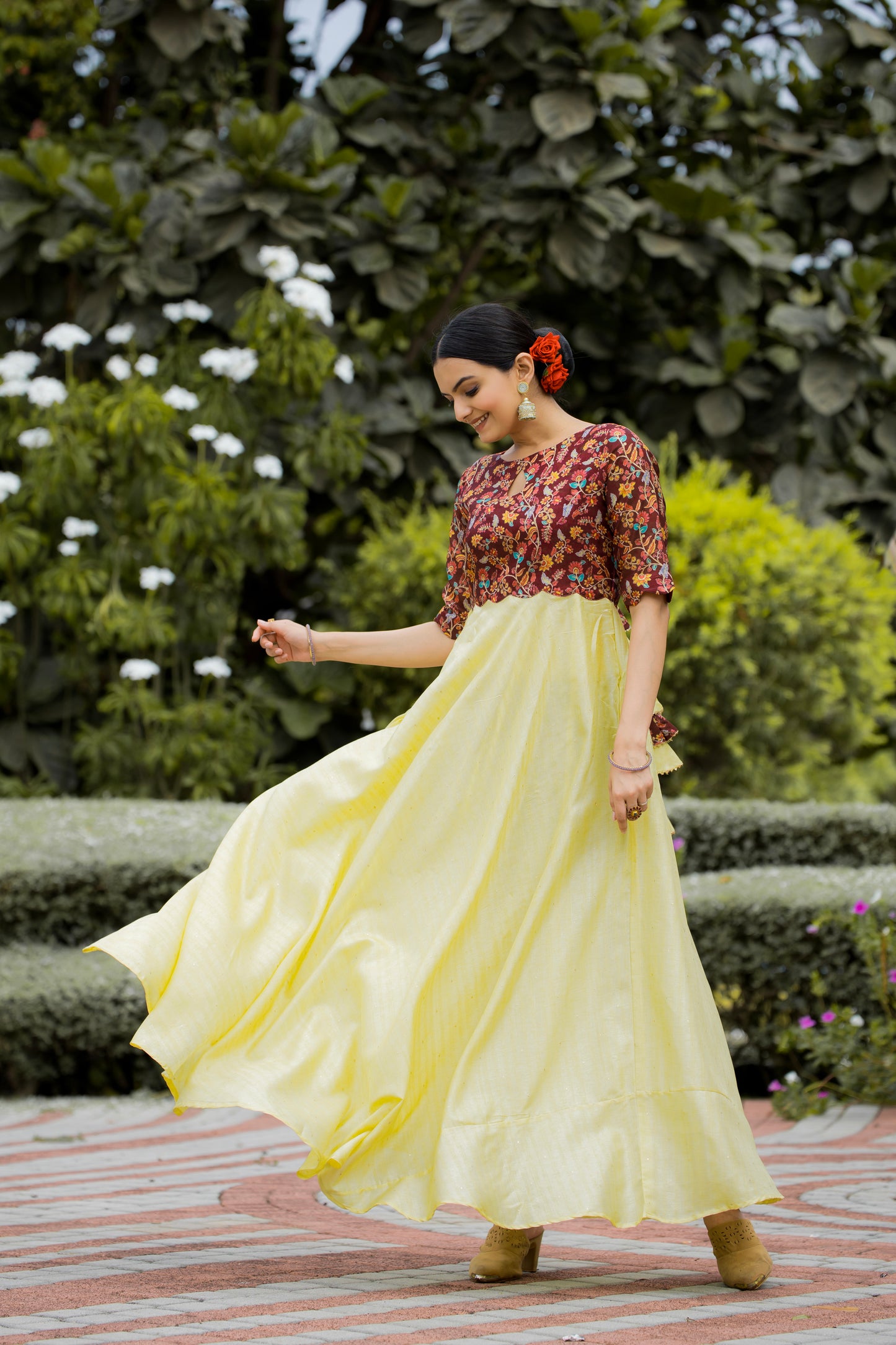 Yellow Tussar Satin Butti Modern And Ethnic Boat Neck Gown