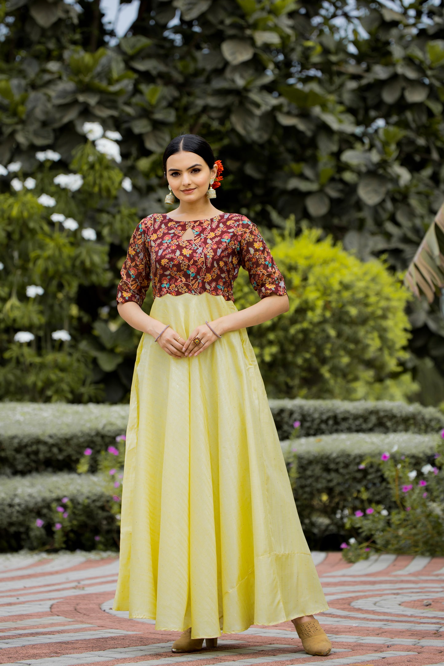 Yellow Tussar Satin Butti Modern And Ethnic Boat Neck Gown