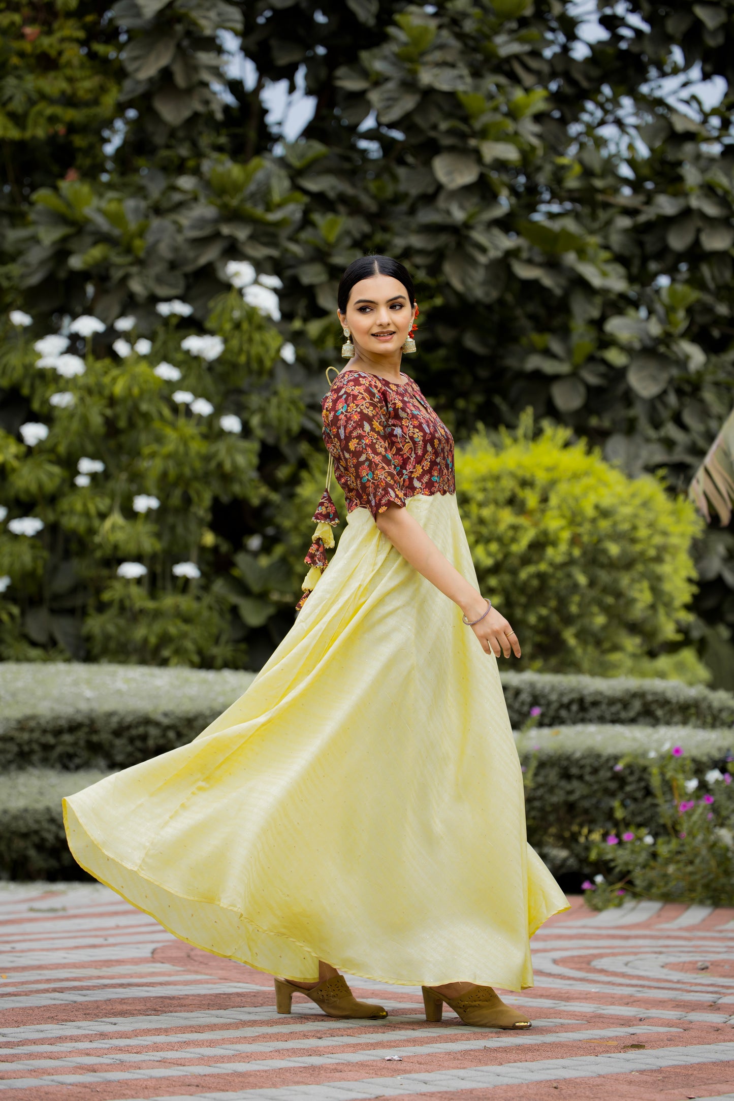 Yellow Tussar Satin Butti Modern And Ethnic Boat Neck Gown